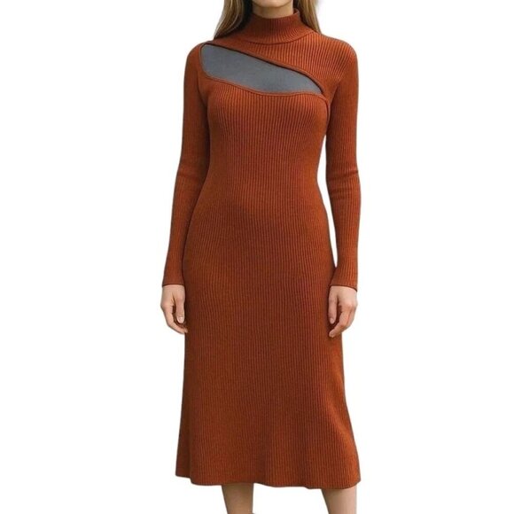 ASOS Midi Ribbed Knit Sweater Dress Size 24 Brown Rust Mock Neck Cut Out Front - Picture 1 of 11